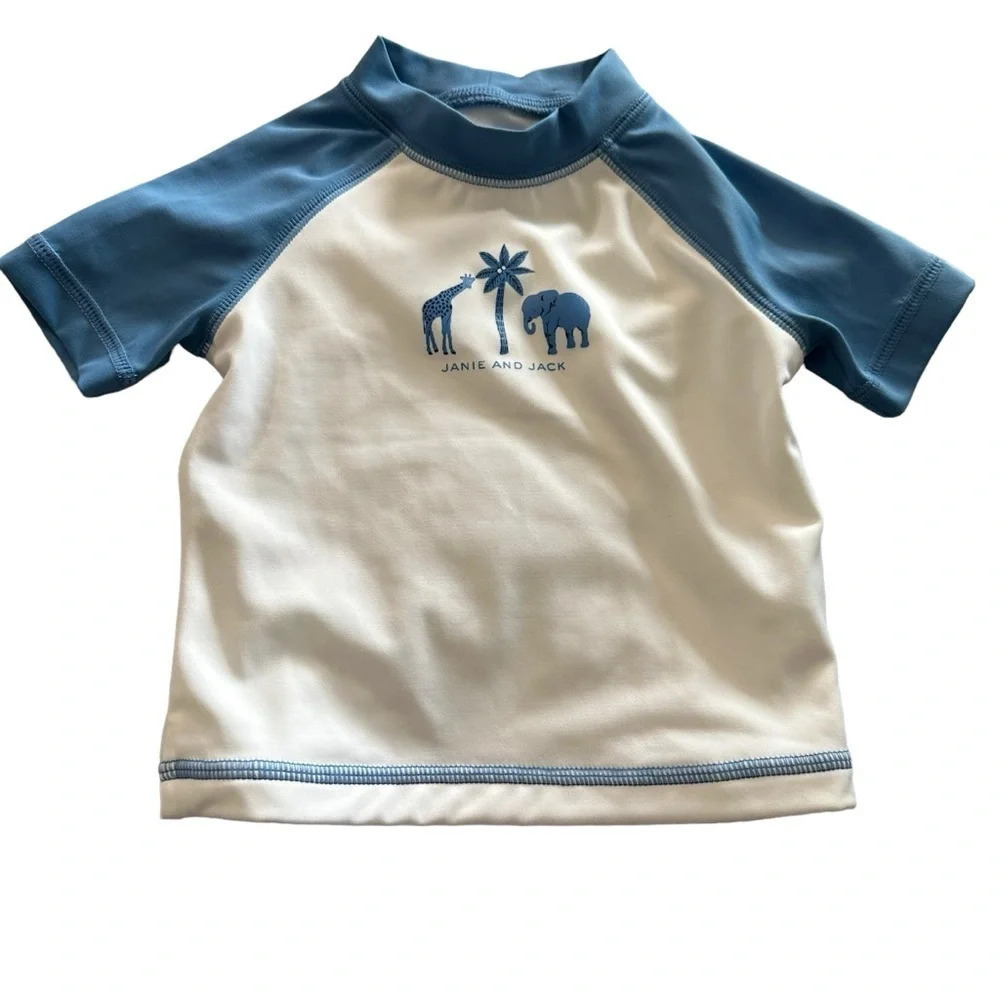 Janie and Jack size 3-6 months white and blue rash guard swim shirt